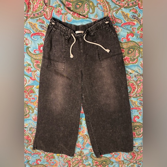 Mustard Seed Pants - MUSTARD SEED wide leg CROP carpenter DRAWSTRING pants Jen’s BLACK Y2K 90s